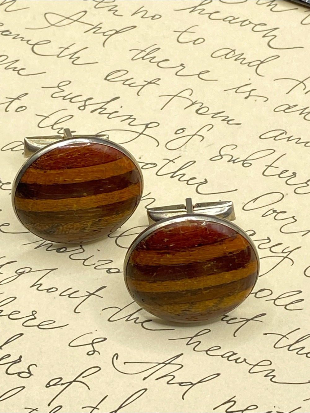 Vtg Striped Wood Round Cuff Links Silver Tone Pat. Pend.